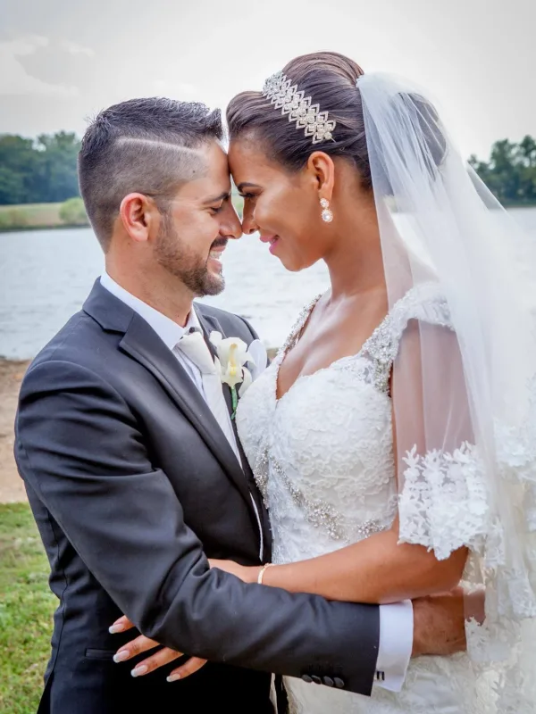 Bridal updo with a jewelled band, worn under the veil at the ceremony