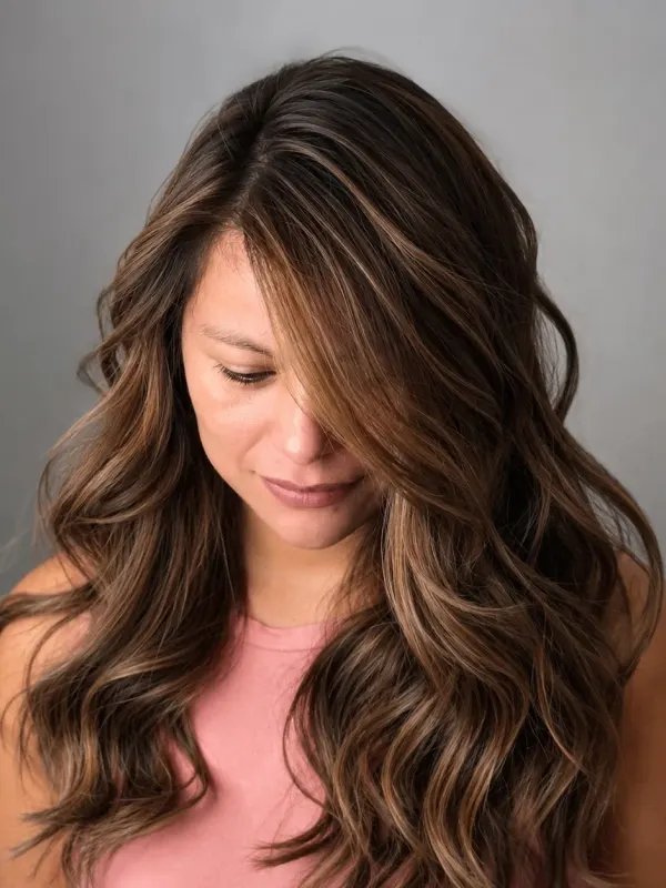 Long brunette waves with warmth painted through the mid lengths