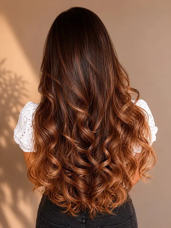 Copper ombre falling out of a dark root into bright curled ends