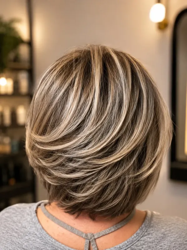 Layered bob cut short at the nape, with contrast worked through the top